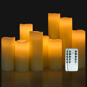 lot 12563 image: OSHINE Flameless Battery Operated Candle, LED - Set of 9 Flickering Pillar with 10-Key Remote & 24 Hours Timer, Ivory Real Wax Candles for Home Decor