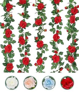 lot 12568 image: ZIFTY 5Pcs 32.5FT Red Rose Garland for Decoration Fake Flower Vines Faux Artificial Floral Garland Hanging Rose Ivy for Wedding Arch Garden Valentines Day Outdoor Wall Decor