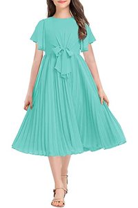 lot 12579 image: HOSIKA Flower Girls Dress Ruffle Sleeve Chiffon Bow A-Line Swing Pleated Wedding Party Dresses for 6-15 Years Light Green XL
