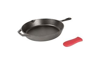 lot 12583 image: Lodge Cast Iron Skillet with Red Silicone Hot Handle Holder, 12-inch