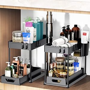 lot 12590 image: Under Sink Organizers and Storage, 2 Pack Kitchen Bathroom Sink Organizer with Hooks, 2 Tier Under Sink Cabinet Basket Storage Shelf with Sliding Drawers, Black