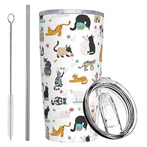 lot 12592 image: Cat Tumbler with Lid and Straw, 20 Oz Stainless Steel Cups Insulated Water Bottle Coffee Mug, Cat Gifts for Cat Lover