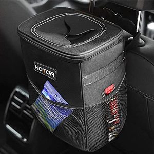 lot 12595 image: HOTOR Trash Can with Lid and Storage Pockets, 100% Leak-Proof Organizer, Waterproof Garbage Can, Multipurpose Trash Bin for Car - Black