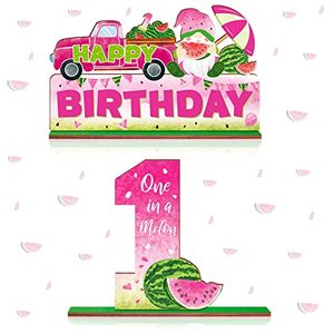 lot 12608 image: 2 Pcs Watermelon One Letter Sign Wooden Table Centerpieces One in a Melon Party Decorations 1st Birthday Milestone for Summer Fruit Watermelon 1 Year Old Sign for Boy Girl Baby Shower Decor Photo Prop