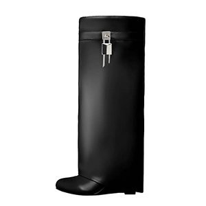 lot 12625 image: Womens Fold Over Knee High Boots Covered Wedge Heel Almond Toe Padlock Black Boot Wide Calf Pull-on Shoe