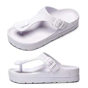 lot 12627 image: Womens White Flip Flops, Adjustable Buckle Platform Thong Sandals, Comfort Flat Slides with Arch Support, Women Summer Essential Beach Home and Street Casual Sandles