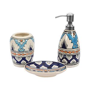 lot 12641 image: Handmade Bathroom Accessories Set of 3 Pieces Indian Pottery Ensemble Set - Liquid Dispenser, Soap DishTray, Tooth Brush Tumbler Hand-Painted Vanity Set for Home, Basin, Bath Dcor - Ceramic
