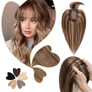lot 12656 image: Benehair Topper with Thin Bangs Clip in Toppers for Women Real Remy Human Hair Silk Base Middle Part Hair Toupee for Thinning Hair 38g 6inch #4P27 Medium Brown Mix Dark Blonde
