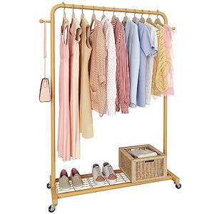 lot 12662 image: Sywhitta Clothes Rack on wheels, Clothing Rack with Bottom Mesh Storage Shelf,Sturdy Metal Frame,Rolling Garment Rack for Hanging Clothes,Coats,Skirts,39.76 L x 16 W x 64.56 H,Golden