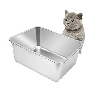 lot 12666 image: Kichwit Large Stainless Steel Cat Litter Box with High Sides, Metal Litter Pan for Cat, Non Stick Smooth Surface, Easy to Clean (17.5 L x 13.5 W x 7.9 H)