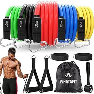 lot 12668 image: Whatafit Resistance Bands Set (11pcs), Exercise Bands with Door Anchor, Handles, Carry Bag, Legs Ankle Straps for Resistance Training, Physical Therapy, Home Workouts