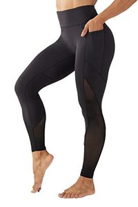 lot 12671 image: ONGASOFT High Waisted Yoga Pants for Women Running Workout Mesh Leggings Side Pockets Squat Proof Tummy Control A- Black