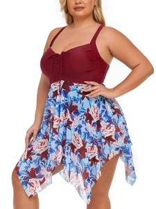 lot 12678 image: MiYang Plus Size One Piece Swimsuit for Women High Waist Swim Dress Vintage Skirt Bathing Suit Burgundy Bloom Size 22
