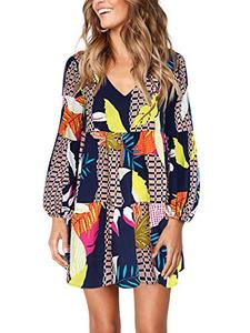 lot 12689 image: Amoretu Women Casual V Neck Long Sleeve Ruffle Swing Tunic Dress Geometry XXL