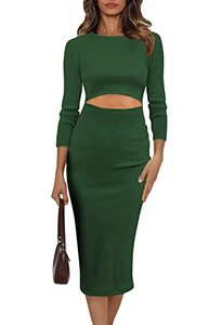 lot 12691 image: Pink Queen Womens Sexy Knit Dress Crew Neck Long Sleeve Bodycon Cutout Midi Dresses Green M