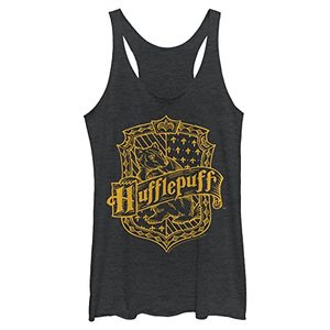 lot 12708 image: Harry Potter Sorcerers Stone Hufflepuff Crest Womens Fast Fashion Racerback Tank Top, Black Heather, Medium