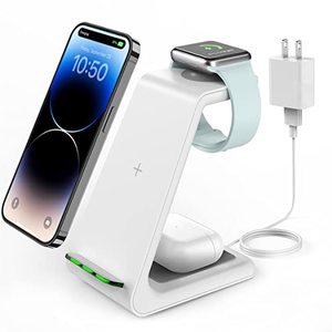 lot 12718 image: Wireless Charging Stand, GEEKERA 3 in 1 Wireless Charger Dock Station for iPhone 14 Pro Max14 Pro14 Plus131211X8 Series, Apple Watch UltraSE8765432, AirPods Pro3, Samsung Qi Phones