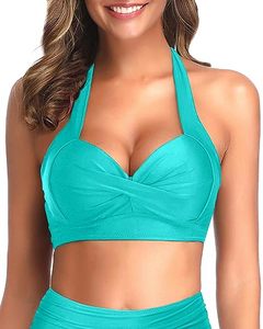 lot 12721 image: Tempt Me Women Teal Bikini Top Push Up Swim Top Halter Retro Bathing Suit Top Padded Swimsuit Top Only S