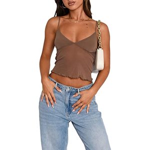 lot 12726 image: Women Y2K Cami Tank Top Spaghetti Strap V Neck Camisoles Summer Cute Sleeveless Crop Top Streetwear(J-Brown mesh top,S)