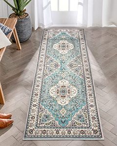 lot 12737 image: Lahome Floral Medallion Runner Rug - 2x6 Hallway Bedside Turkish Throw Rug Runner Mat Soft Faux Wool Non-Slip Machine Washable Floor Carpet for Kitchen Laundry Bathroom, SkyBaby Blue