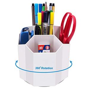 lot 12740 image: Siveit Pen Holder, 360° Rotating 5 Grid Pen Holder Stand Office Supplies Storage Organize for Desk Cute Pencil Cup Pot for Home, Office, Kids (White)