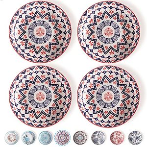 lot 12758 image: Artena Pasta Bowls Set Of 4, 24oz Porcelain Salad Bowls, 8 Inch Bowls For Kitchen, Colorful Dinner Plates, Serving Bowls For Entertaining, Shallow Bowl For Eating, Microwave, Oven Safe, Red Bohemia