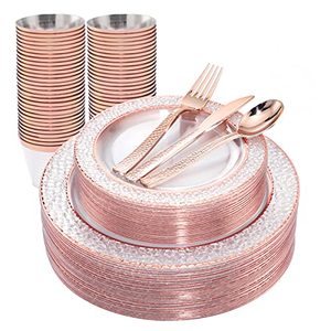 lot 12764 image: Ciaell 150PCS Rose Gold Plastic Plates � Disposable Rose Gold Plates with Rose Gold Plastic Silverware include 50Plates, 25Forks, 25Knives, 25Spoons, 25Cups for Wedding & Party
