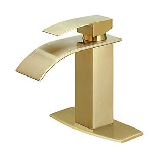 lot 12766 image: BESy Waterfall Spout Bathroom Faucet, Single Handle Bathroom Sink Faucet, Rv Vessel Faucet Basin Mixer Tap with Deck Plate, cUPC Waterlines, Brushed Gold