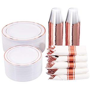 lot 12767 image: WELLIFE 350 Pieces Rose Gold Plastic Dinnerware, 50 Guests Disposable Plates with Rose Gold silverware and Cups 9 OZ, 50 Pre Rolled Napkins with Rose Gold Cutlery, Perfect for Wedding