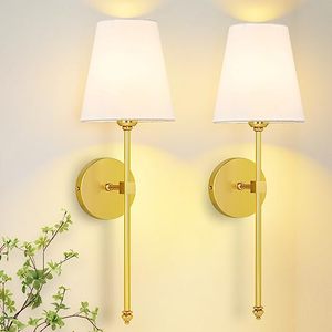 lot 12768 image: CANMEIJIA Wall Light Sconces Set of 2, Gold Wall Light Fixture for Bedroom, Modern Wall Sconce, Wall Lamps with Premium Linen Fabric Lampshade for Living Room Hallway, E26 Socket, Bulbs Not Included