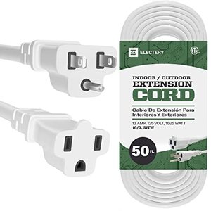 lot 12775 image: Indoor Outdoor Extension Cord 50 Ft, White 16 Gauge Wire 3 Prong Grounded Power Cable, SJTW Flexible Waterproof Weather Resistant Wire, Powered by ELECTERY