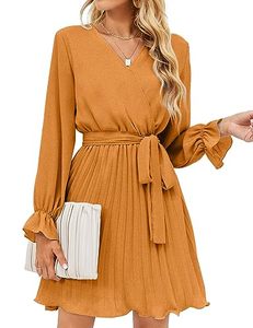 lot 12779 image: BBX Lephsnt Women�s Summer Casual Wedding Guest Dress Long Puff Sleeve V Neck Pleated Ruffle Flowy Belted Mini Dress Brown