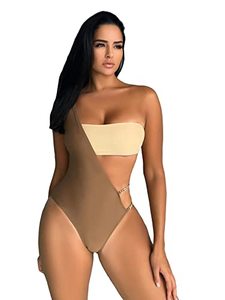 lot 12783 image: WDIRARA Womens Two Tone Swimwear Colorblock One Shoulder Chain Linked High Waist One Piece Swimsuit Khaki M