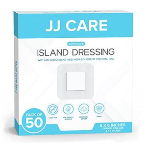 lot 12789 image: JJ CARE Adhesive Island Dressing Pack of 50, 6x6 Sterile Bordered Gauze Dressing, Breathable Island Wound Dressing Individually Wrapped with Highly Absorbent Non-Stick Center Pad
