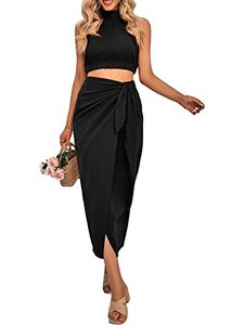 lot 12799 image: CFLONGE Womens 2 Piece Outfits Casual Sleeveless Halter Crop Top and Draped Ruched Maxi Skirt Set Solid Suiting for Cocktail Party(Black,X-Large)