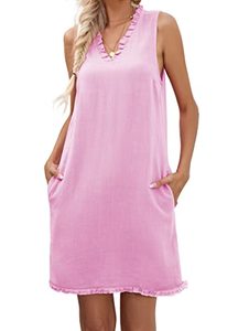 lot 12807 image: Famulily Cotton Dresses for Women Casual Summer Short Linen Dress Womens Cotton Dresses Womens Casual Dresses Pink L