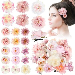 lot 12809 image: 21 Pieces Flower Hair Clip, Rose Hair Barrettes for Women, Boho Bride Claw Clip Hairpin Brooch Pin Headpiece for Girls Wedding (Pink, Purple)
