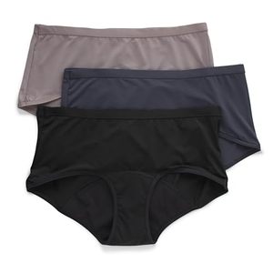 lot 12810 image: Hanes Womens Comfort, Boyshorts Period Underwear, Light Leak Protection, 3-Pack, Warm SteelPeppercorn GreyBlack, 7