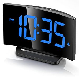 lot 12817 image: GOLOZA Digital Alarm Clock for Bedrooms, Digital Clock with Modern Curved Design, Conspicuous Blue LED Numbers, 5 Levels BrightnessOff, 2 Volume, 3 Alarm Tones, Snooze, Power-Off Memory, 1224H