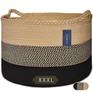 lot 12838 image: COMSE Extra Large Blanket Basket, Storage Basket, Laundry Basket, 21.7�x 13.8�, Laundry Hamper, Cotton Rope Basket, Blanket Basket Living Room, Toy Basket (Brown & Black)