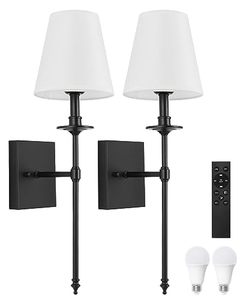 lot 12845 image: Wall Sconces Set of Two with Remote, Dimming 10%-100% & Adjustable Colors 2700K-6500K, Hardwired Wall Lamps with White Fabric Shades, Wall Mounted Lamp with Night Light & Timer, LED Bulbs, Black