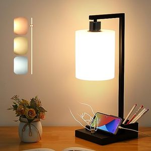lot 12847 image: Iporovon Nightstand Lamp, Modern Bedside Lamps with Dual USB Ports and Outlet, Fully Dimmable Table Lamp Desk Lamp with 3 Lighting Colors, Built in a Pen Holder & 2 Phone Stands, LED Bulb Included