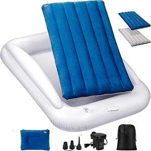 lot 12856 image: USHMA Toddler Travel Bed, Portable Toddler Bed for Kids  Toddler Air Mattress  Inflatable Travel Toddler Bed  Kids Blow Up Mattress with Sides  Two Sides Usable Kids Air Mattress -Navy Blue & Grey