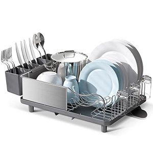 lot 12858 image: TOOLF Dish Rack, 304 Stainless Steel Dish Drying Rack for Kitchen Counter, Dish Drainer with Cutlery Holder for Large Capacity, Grey