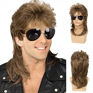 lot 12866 image: Sallcks Mens Mullet Wigs Brown Curly 70s 80s Retro Cosplay Costume Wig Rocker Disco Fancy Show Wigs - Light Brown