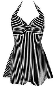lot 12869 image: COCOSHIP Black & White Stripe Striae Retro Sailor Pin Up Swimsuit One Piece Skirtini Cover Up Cruise Swimdress Swimwear XXXL(US16)