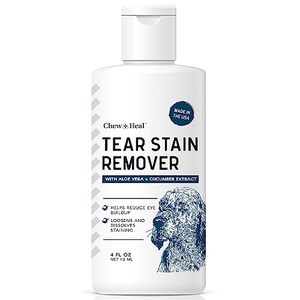lot 12870 image: Chew  Heal Labs Tear Stain Remover for Dogs and Cats - 4 oz Solution - Reduces Eye Buildup and Gunk, Loosens and Dissolves Staining - Water Based with Aloe Vera and Cucumber Extract