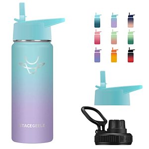 lot 12871 image: STACEGEELE Insulated Vacuum Water Bottle for Kids with Straw Lid Stainless Steel Flask Thermos for Boys and Girls Leak Proof Lightweight Eco Friendly 18oz(550ml),Springbank