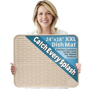 lot 12877 image: XXL Silicone Dish Drying Mat for Kitchen Counter or Under Sink, 24 x 18 Extra Large, Waterproof Pet Feeding Mat, Dog Food, Water Bowls, Under Drying Racks for Dishes, Coffee Bars, Bar Mats (Beige)
