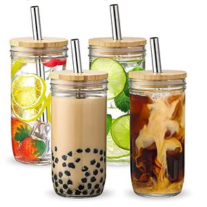 lot 12897 image: Benestanti 4 pcs 24 oz Glass Cups With Bamboo Lids and Straws,Reusable Boba Cup Smoothie Cup Iced Coffee Cups with Lids Glass Tumbler with Straw and Lid,Drinking Jars for Bubble Tea,Juice,Gift